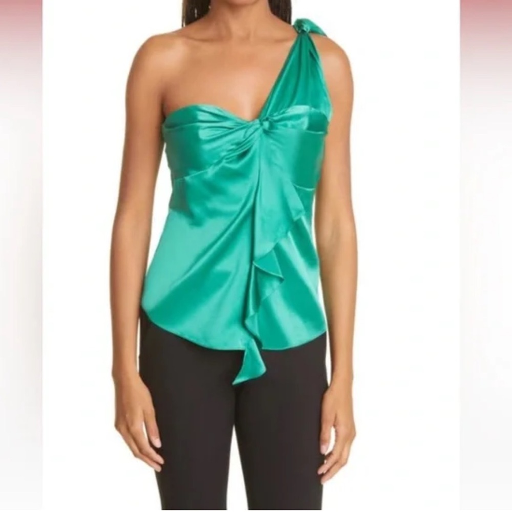 Cinq a Sept Emerald Green Maeve Silk One-Shoulder Top